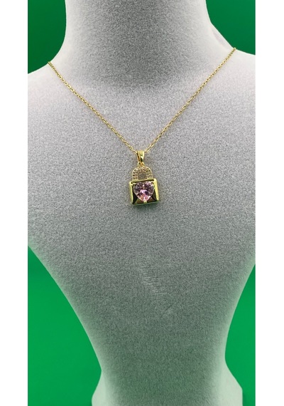 Kadın Pembe Kalpli Zirkon Taşlı Kilit Model Kolye Altın