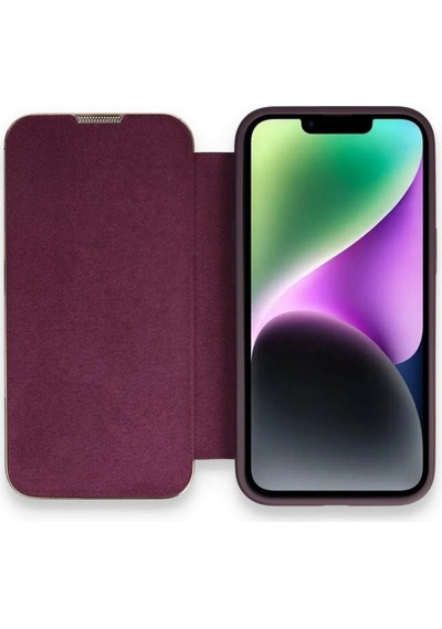 Apple Uyumlu iPhone 12 Pro Kapaklı Kılıf Parmak Izi Bırakmaz Dışı Deri Içi Süet Tasarım Derin Mor