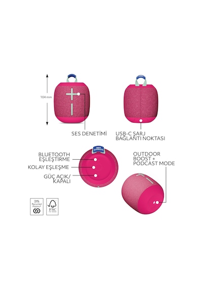 Ultimate Ears Wonderboom 4 Taşınabilir Su Geçirmez Bluetooth Hoparlör, Büyük Bas Ve 360 Derece Ses - Pembe