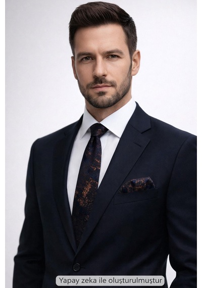 Gaffy Bej Kahverengi Desenli Lacivert Dokuma Kumaş Mendilli Slim Fit Kravat // Sdk-2608-6 Bej