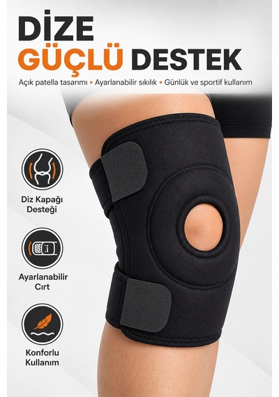Spor Ve Günlük Kullanım İçin Açık Patella Destekli Ayarlanabilir Cırtlı Dizlik Siyah