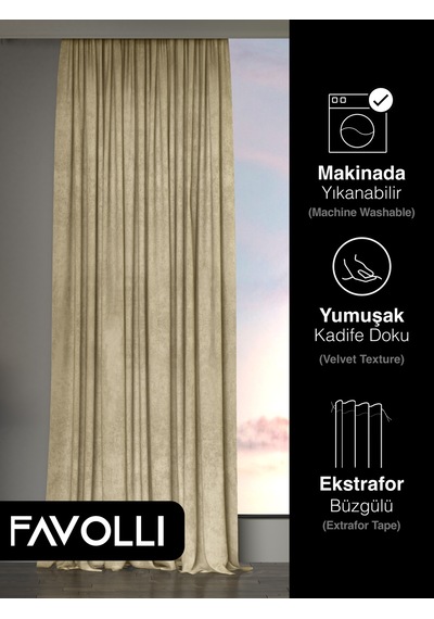 Br Favolli Kadife Dokulu Bej Ada Fon Perde Ekstrafor Büzgülü Dream Series Bej