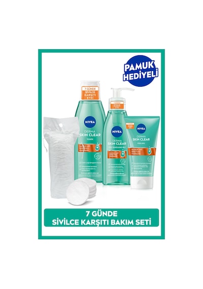 NIVEA Derma Skin Clear Sivilce Karşıtı Yüz Temizleme Jeli 150 ML + Tonik 200 ML + Peeling 150 ML + Pamuk