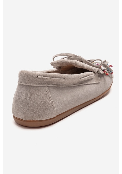 Luvishoes Evelyn Bej Süet Hakiki Deri Püsküllü Boncuklu Kadın Loafer Ayakkabı