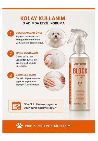 Artero Block Kedi Köpek Uv Koruyucu Güneş Spreyi Tüy Ve Kürk Bakımı 250 Ml