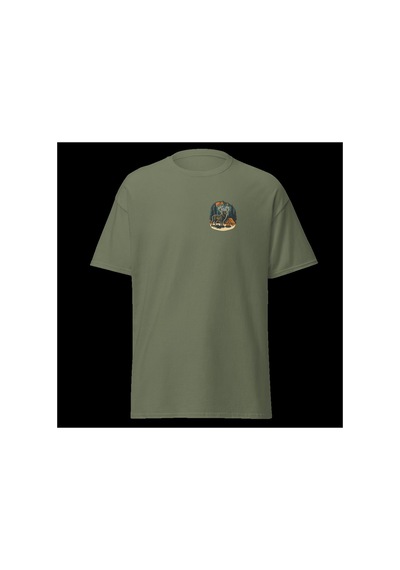 Wildstyle Geyik Renkli Vintage Yaban Hayat Doğa Orman Dağ Baskılı Unisex Bisiklet Yaka Pamuklu Tişört Haki