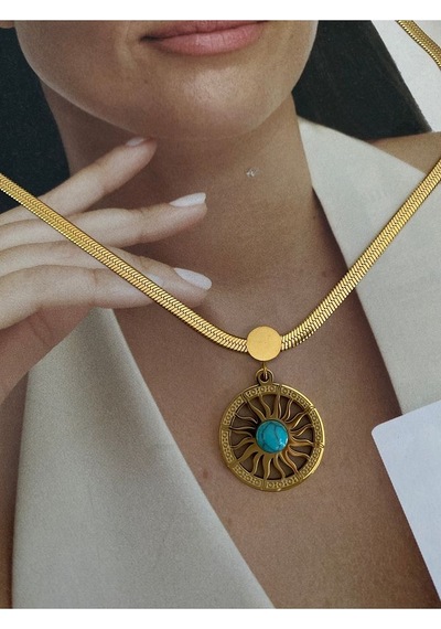 Firüze Taşlı Halka Kararmaz Çelik Kadın Gold Kolye