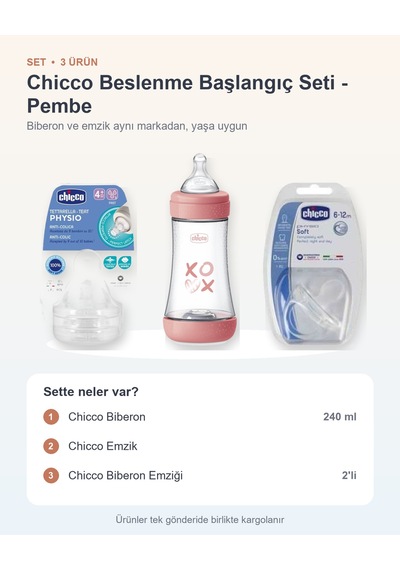 Chicco Beslenme Başlangıç Seti 3 Parça: Biberon + Emzik + Biberon Emziği - Pembe