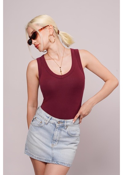 Madmext Koyu Bordo Derin V Yaka %100 Pamuklu Basic Kadın Atlet Mg2405