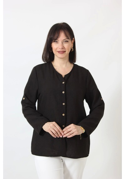 Moda Berray Sb-0169 Keten Kolu Apoletli Sıfır Yaka Büyük Beden Siyah Gömlek Siyah