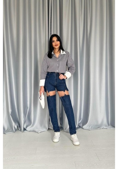 Mavi Askılı İki Parça Jeans Pantolon Mavi
