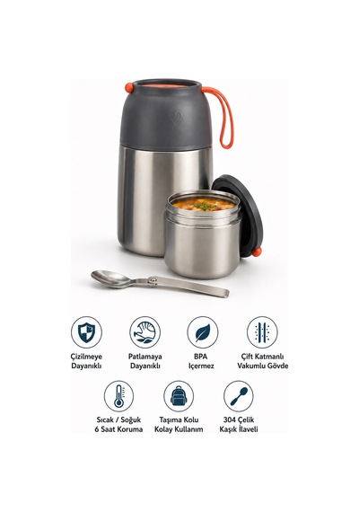 450 Ml Paslanmaz Çelik Sızdırmaz Termos Yemek Taşıma Kabı / Sefer Tası Beslenme Kutusu Çelik Rengi