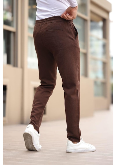 Afri Düğmesiz Düz Kumaş Kahverengi Jogger Pantolon Kahverengi