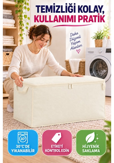 Büyük Hurç 100x50x50 Cm Fermuarlı Kapaklı Taşıma Kulplu Yorgan Battaniye Kıyafet Saklama Kutusu Krem