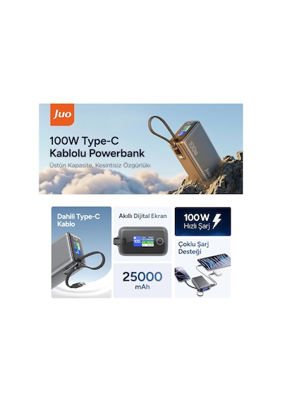 25000mah 100w Led Ekranlı Type-c Kablolu Powerbank Usb-a + Usb-c Macbook Notebook Telefon Taşınabilir Pd Hızlı Şarj Cihazı
