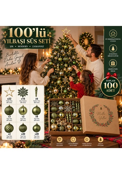 100 Parça Yılbaşı Ağaç Süsleme Seti Yeşil Gold Dekoratif Top, Yıldız, Kar Tanesi Ve Sarkıt Süsler 3 CM