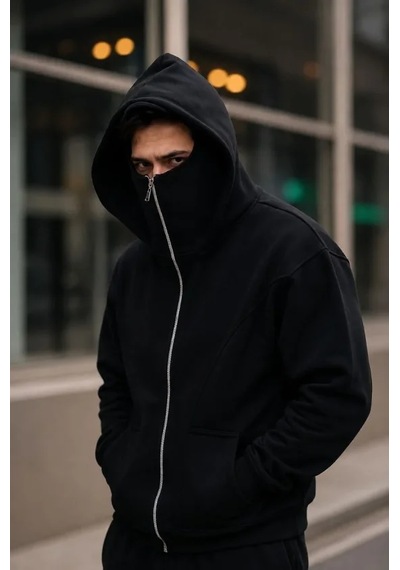 Veraura Lifestyle Erkek Maskeli Ninja Model Çift Kapüşonlu 3 İplik Şardonlu Fermuarlı Sweatshirt - Siyah