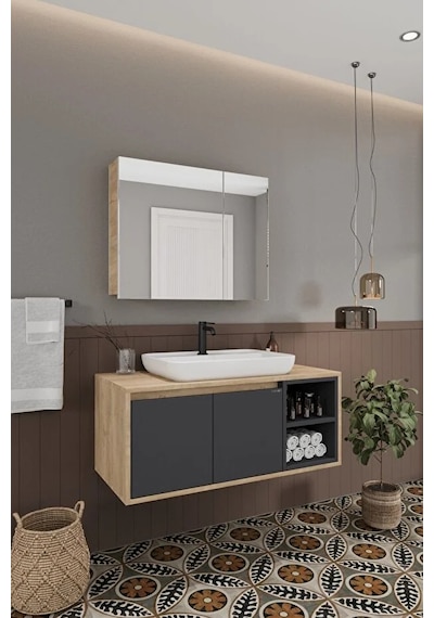 Lale 100 Cm %100 Mdf Lavabolu Banyo Dolabı + Aynalı Dolap Antrasit