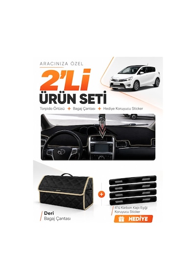 Toyota Verso 2009-2018 Uyumlu Torpido Örtüsü + Deri Bagaj Çantası + Sticker Seti - Siyah Bej