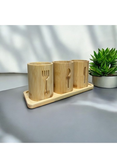 Bambu Altlıklı 3'lü Çatal Kaşık Bıçak Düzenleyici Set 4 Parça Bambu