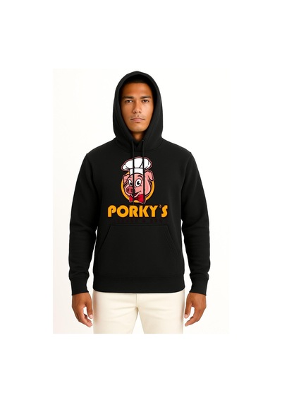 Bahriyeli Collection Kapüşonlu Porky's Lechon Barbecue Domuz Göğüs Tasarımlı Unisex Sweatshirt Siyah