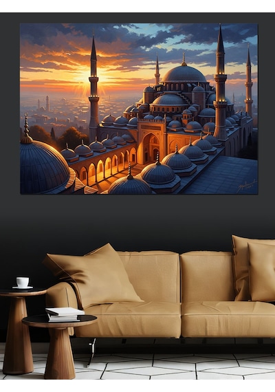 Ahşap Tablo Gece Işıklarında İstanbul Camii Manzarası