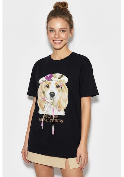 Shade Kadın Baskı Ve Payet Detaylı Fiyonklu Basic T-shirt 7643 60286115 - Siyah