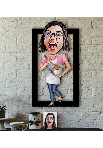 Kişiye Özel Ev Hanımı Karikatürlü 3D Ahşap Tablo-3