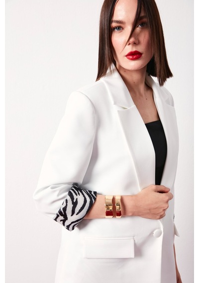 Sateen Zebra Astarlı Uzun Ceket - Ekru