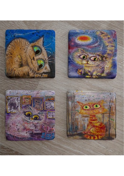 Renkli Kediler Doğal Taş Bardak Altlığı 4'lü Set - Natural Stone Coasters - Taş Çok Renkli