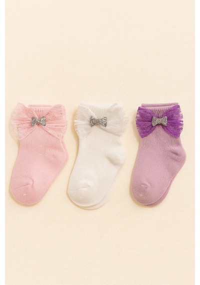 Esila Kids Kız Bebek Ve Çocuk Çorap 3 Adet Papyon Desen Çok Renkli