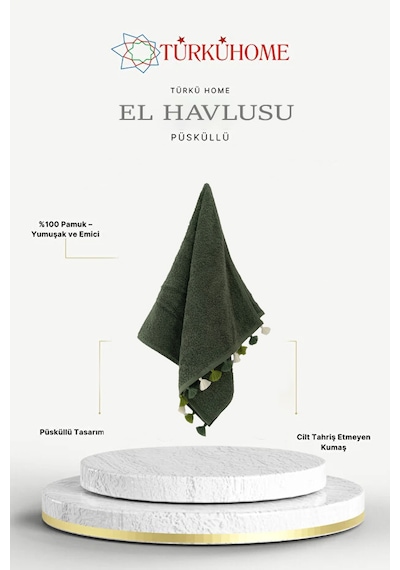 Püsküllü Yumuşak Pamuk Havlu Yüksek Emicili El Havlusu 50x90 Cm Haki