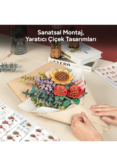 Rowood Tw01h Çiçek Buketi Wooden Flower Bouquet Dıy Minyatür Maket Model Seti Ahşap 3d Wooden Puzzle 3d Model Kit Detaylı Dekoratif Hobi Seti Ahşap Maket