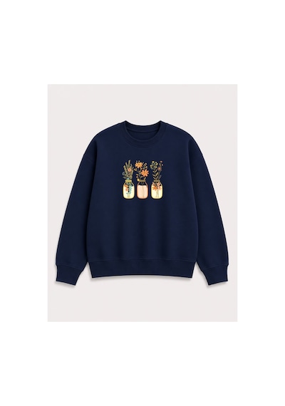 Herkesemoda Kavanoz Çiçek Baskı Detaylı Şardonlu 2 İplik Bisiklet Yaka Sweatshirt Lacivert