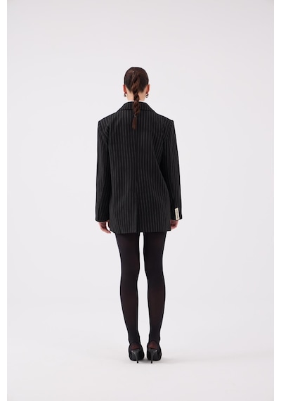 Holly Lolly Oversize Kesim Çizgili Strip Blazer Ceket Siyah