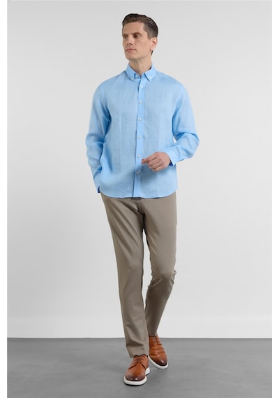 İmza Mavi Keten Düğmeli Yaka Uzun Kol Cepsiz Slim Fit Keten Gömlek 1004260161 M