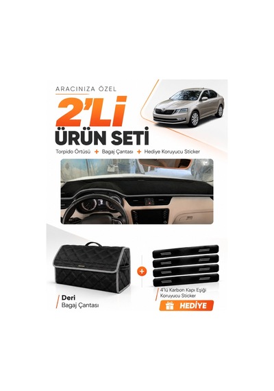 E-biz Skoda Octavia 2013-2019 Uyumlu Torpido Örtüsü + Deri Bagaj Çantası Seti - Siyah-gri - Sk010