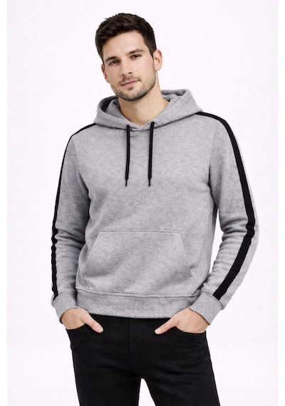 Erkek Şeritli Kapüşonlu Sweatshirt Oversize 3 İplik Pamuklu Hoodie - Gri