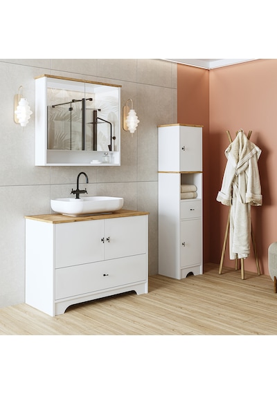 Oval Lavabolu Mat Beyaz Mdf 100 Cm Çekmeceli Banyo Dolabı Aria Atlantik Çam - Beyaz