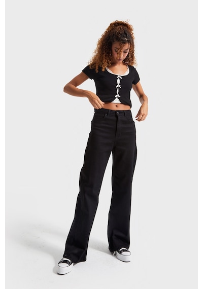 Itsbasic Kadın Siyah Renk 1w5-1 Esnek Likralı Kumaş Wide Leg Fit İç Boy 80cm Denim Jean