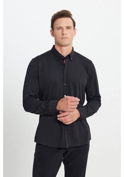 Erkek Sıyah Comfort Fit Geniş Kesim Düğmeli Yaka Pamuklu Gömlek Siyah