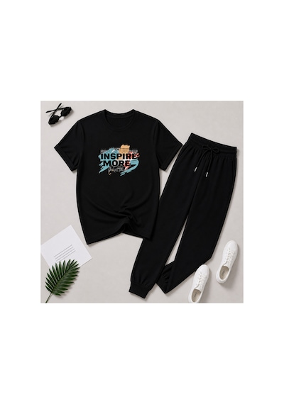 Herkesemoda İnspıre More Baskı Detaylı T-shirt Eşofman Takımı Siyah