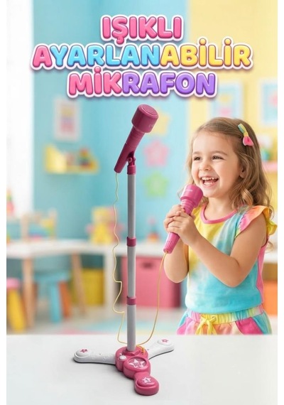 Işıklı Ve Ayarlanabilir Çocuk Mikrofonu Küçük Yıldızlar Sahneye Pembe