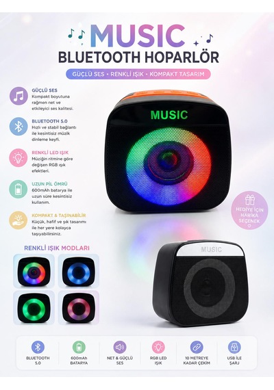 Rgb Işıklı Taşınabilir Bluetooth 5.0 Hoparlör - Güçlü Ses Ve Kompakt Tasarım