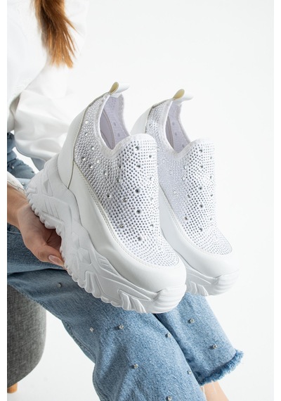 Dabab Shoes Olıvıa Beyaz Taş Detaylı 10 Cm Gizli Topuk Platform Slip-on Sneaker Ayakkabı