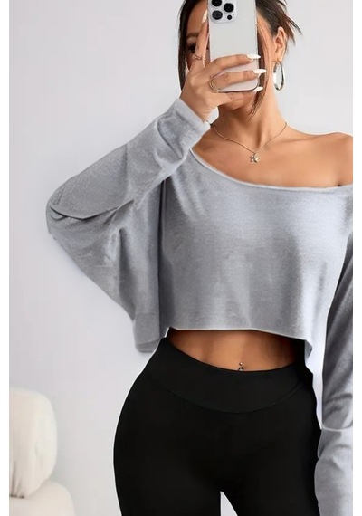 Kadın Düşük Omuz Kayık Yaka Oversize Uzun Kollu Crop T-shirt Gri