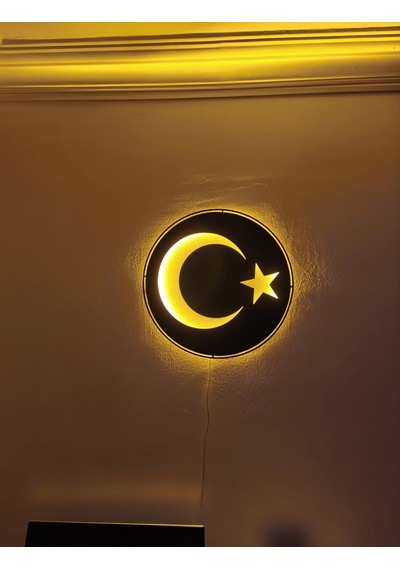 Motto Dekor Lazer Kesim Amber Led Işıklı Metal Türk Bayrağı Görselli Duvar Dekoru Duvar Aydınlatması Siyah