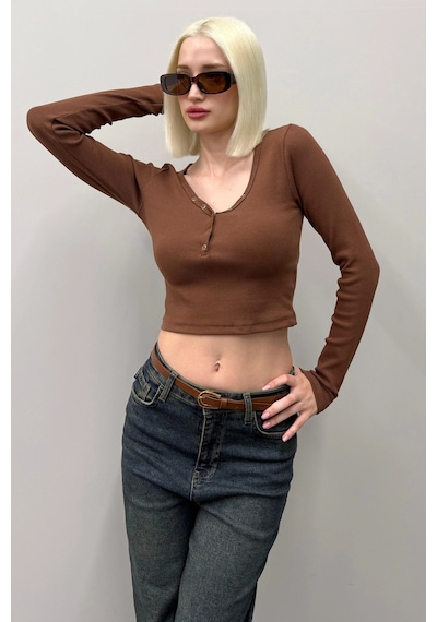 Madmext Acı Kahverengi V Yaka Uzun Kollu Düğme Detaylı Kaşkorse Bodysuit Mg2194 Acı Kahverengi