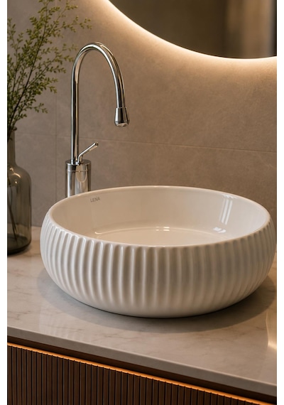 Lena E-4161 Tezgah Üstü Porselen Lavabo Beyaz Porselen Mobilya