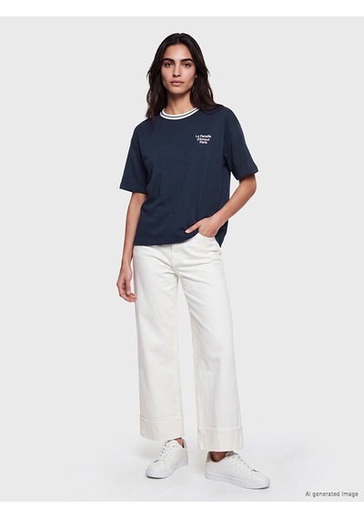 Lcw Vision Lacivert Paris Baskılı Oversize Kadın Tişört